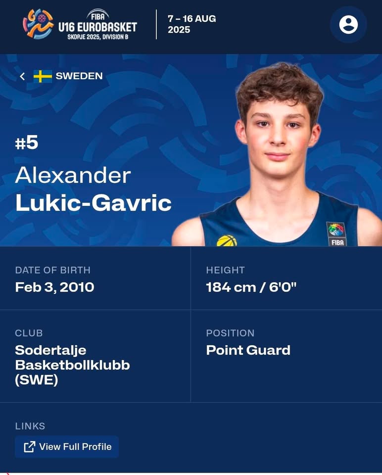 Alexander Lukic-Gavric — profil FIBA U16 EuroBasket, reprezentativac Švedske
