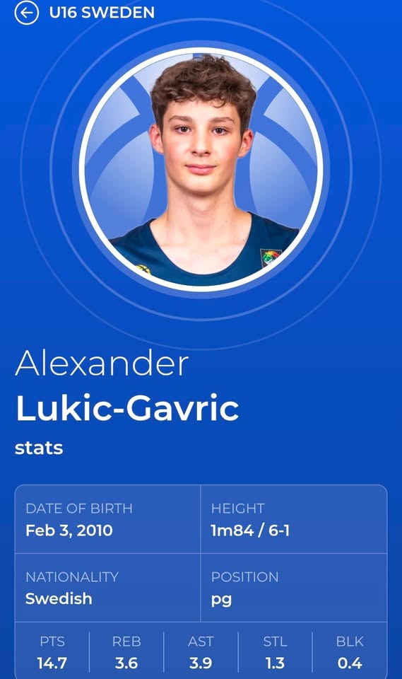 Alexander Lukic-Gavric — U16 Švedska, statistike i biografija